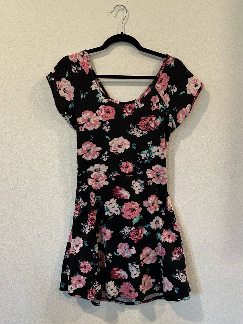 La Hearts Black Mini Dress with Pink Floral Print